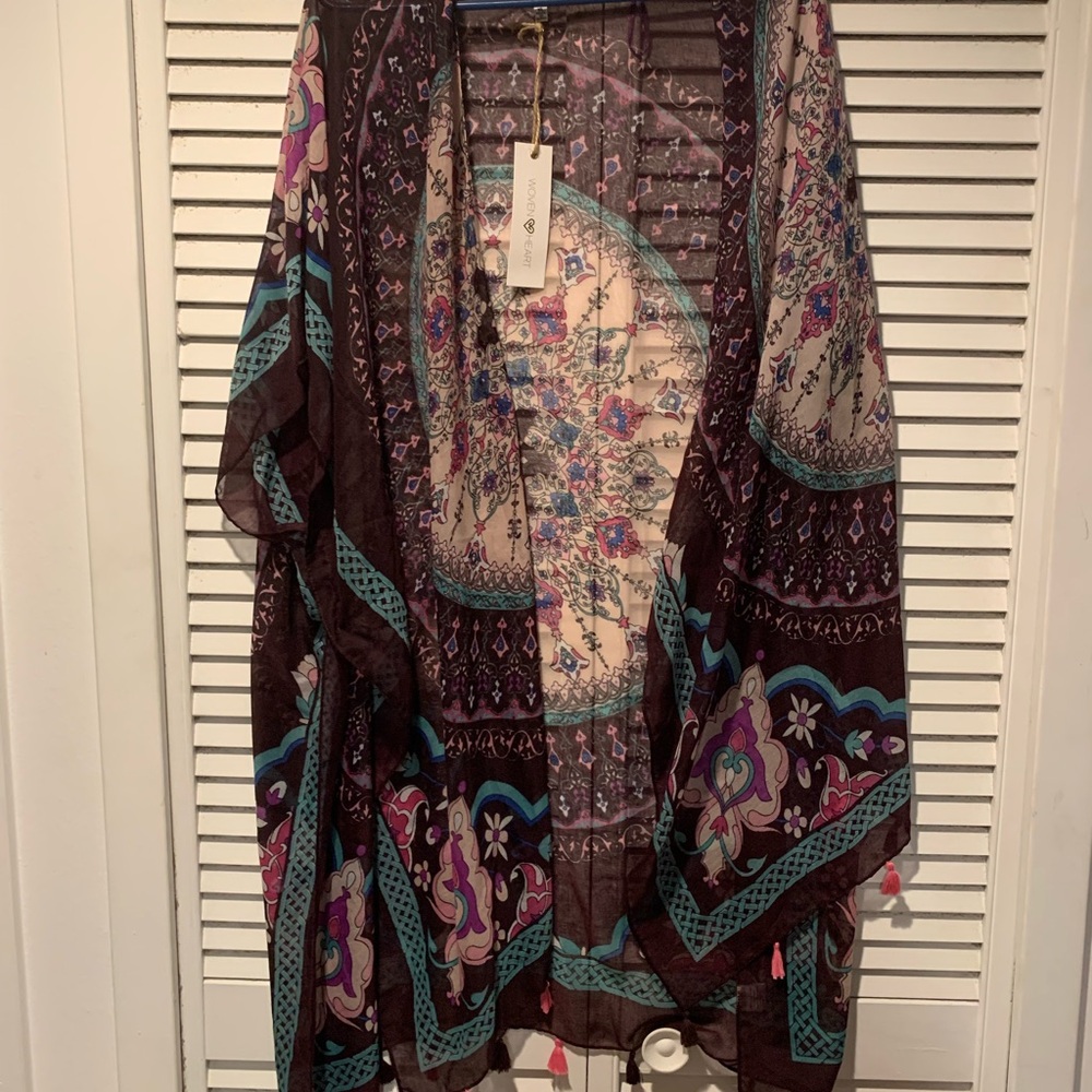 Purple floral fringe Hobo shawl/ wrap kimono style over shawl.